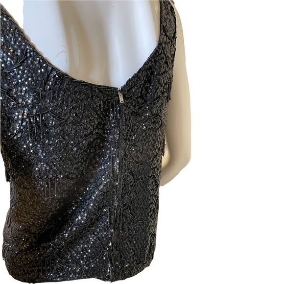 Vintage 1960s Black Sequined Crystal Embellishments Scalloped Formal Party Top M - Picture 7 of 17
